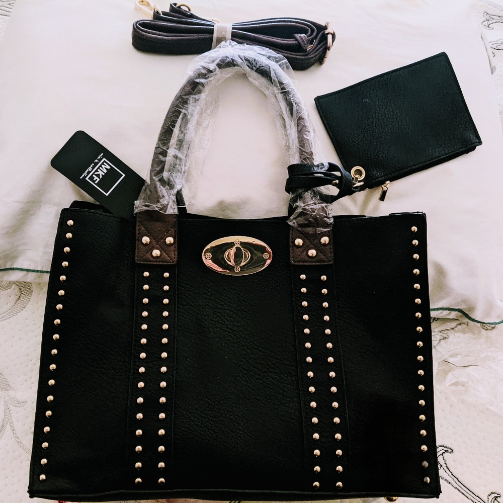 NWT🔥MKF Black Leather & Gold Studs Bag w/Coin Purse!🔥